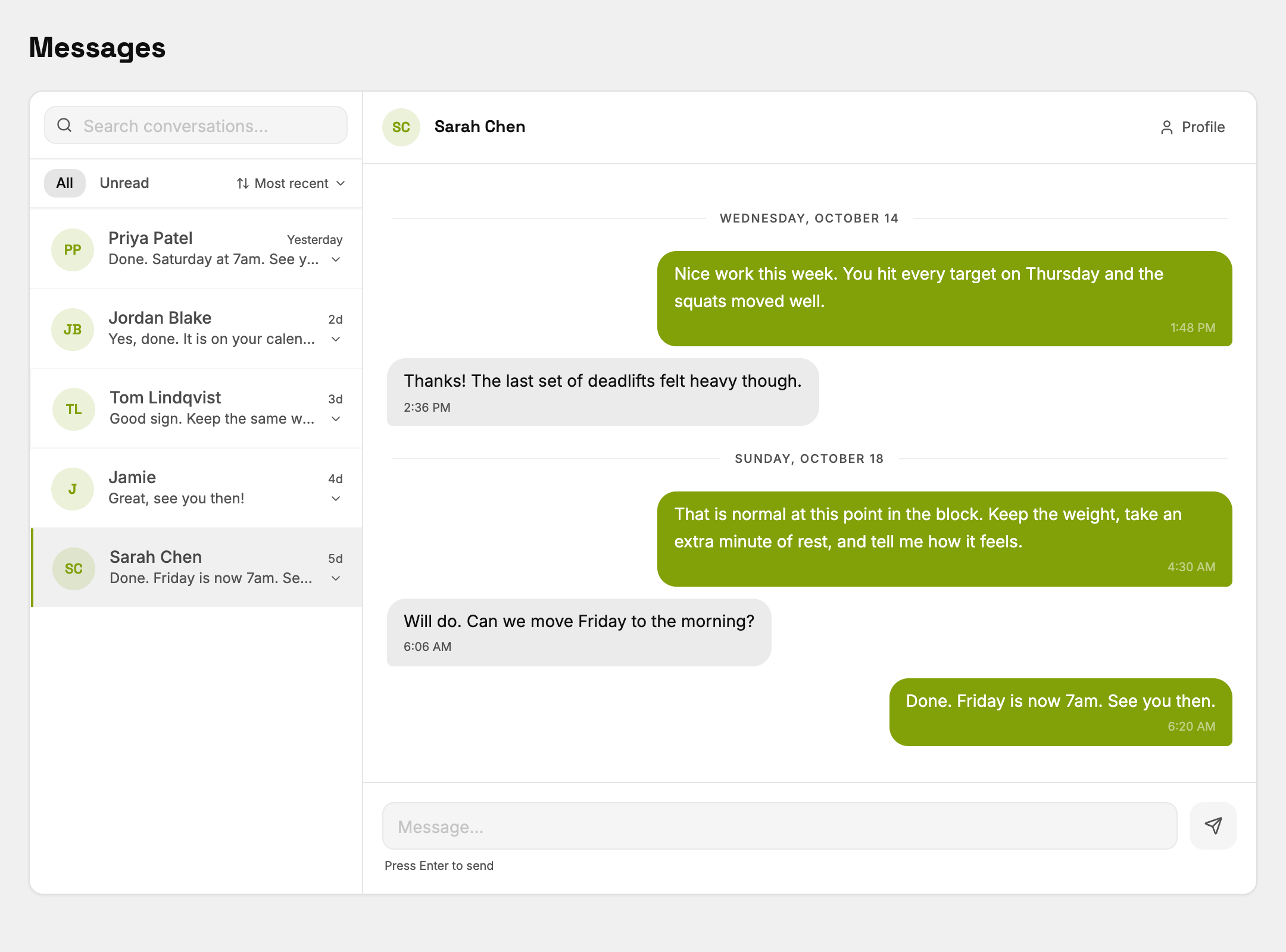 The Messages screen: a conversation between a coach and an athlete, with the list of conversations beside it.